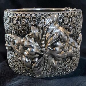 Vintage 1950s Wide Repoussé Silver Tone Floral Hinged Statement Cuff Bracelet